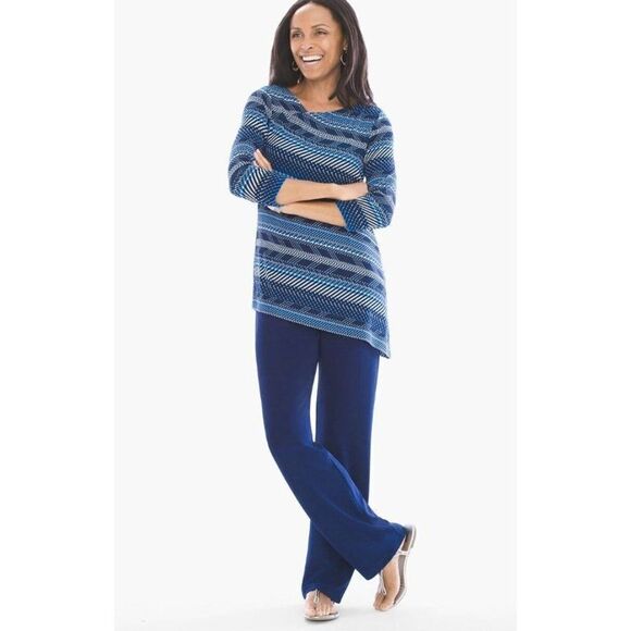 Chico's Travelers Classic Slinky Knit Acetate Sky Weaves Asymmetrical Top 3 XL - Picture 12 of 13